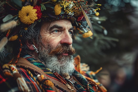 A man wearing a colorful hat and scarf with a beard and mustache photo