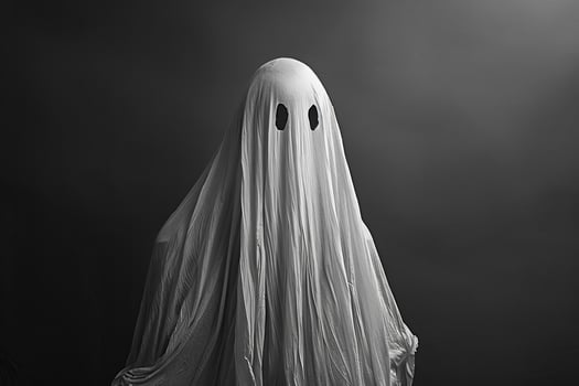 A ghostly figure is standing in front of a dark background photo