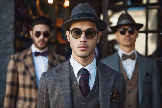 Three men in suits and hats standing in front of a store photo