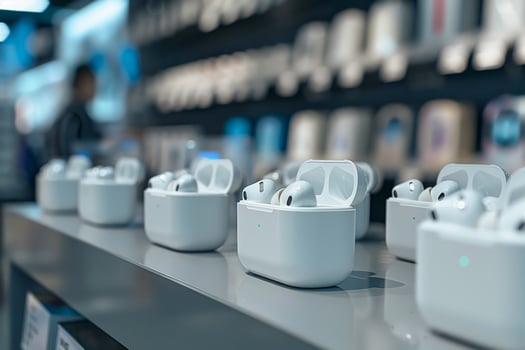 A row of white earbuds are displayed on a counter photo