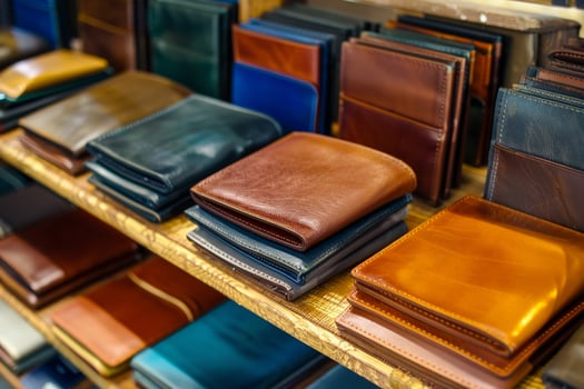 A row of leather wallets on a shelf, with some of them being brown photo