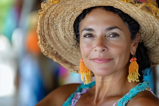 A woman wearing a straw hat and earrings photo