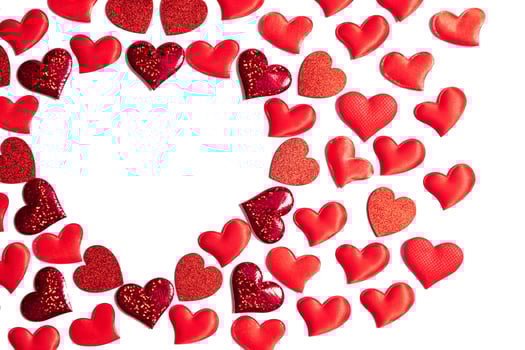 Glittering red hearts frame. Concept love banner, valentine's day greeting card, wedding invitation, birthday poster. Hearts romantic pattern for Happy Women's, Mother's, Day. Photo. Copy space photo