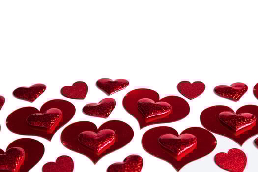 Glittering red hearts background. Concept love banner, valentine's day greeting card, wedding invitation, birthday poster. Hearts romantic pattern for Happy Women's, Mother's, Day. Photo. Copy space photo