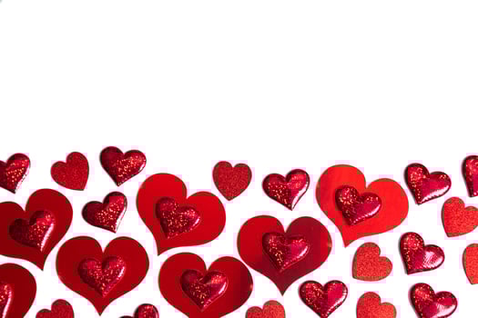Glittering red hearts background. Concept love banner, valentine's day greeting card, wedding invitation, birthday poster. Hearts romantic pattern for Happy Women's, Mother's, Day. Photo. Copy space photo