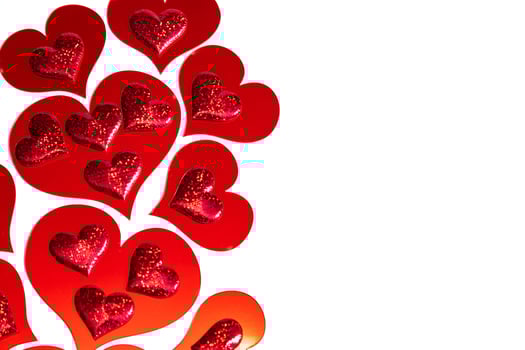 Glittering red hearts background. Concept love banner, valentine's day greeting card, wedding invitation, birthday poster. Hearts romantic pattern for Happy Women's, Mother's, Day. Photo. Copy space photo