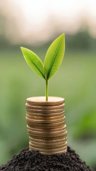 A sprouting plant grows from a stack of coins, symbolizing financial growth and sustainability. photo