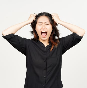 Angry Stressed and Pull Hair of Beautiful Asian Woman Isolated On White Background photo