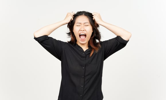 Angry Stressed and Pull Hair of Beautiful Asian Woman Isolated On White Background photo