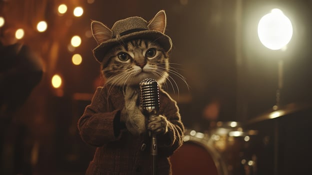 full body shot, an adorable cat hipster dressed like singer holding a stand microphone singing, cinematic, moody lighting photo