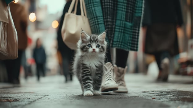 Modern organic, front view, full body shot, cold light, gray and white fur kitten, anthropomorphic photo