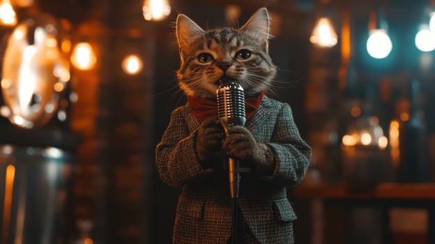 full body shot, an adorable cat hipster dressed like singer holding a stand microphone singing, cinematic, moody lighting photo