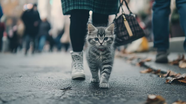 Modern organic, front view, full body shot, cold light, gray and white fur kitten, anthropomorphic photo