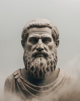 Majestic Ancient Sculpture of a Bearded Figure Amidst Mystical Fog photo