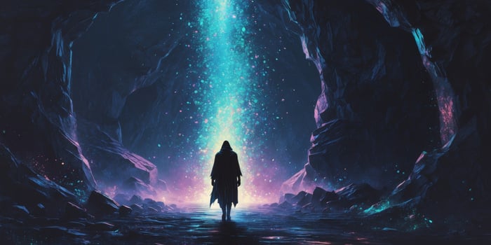 Solitary Figure Advancing Towards a Cave Lit by Glowing Particles photo
