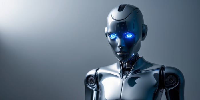 Futuristic silver robot with blue eyes on gray background. photo