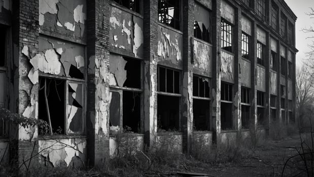 Abandoned industrial building with weathered walls and broken windows showing signs of decay and neglect photo