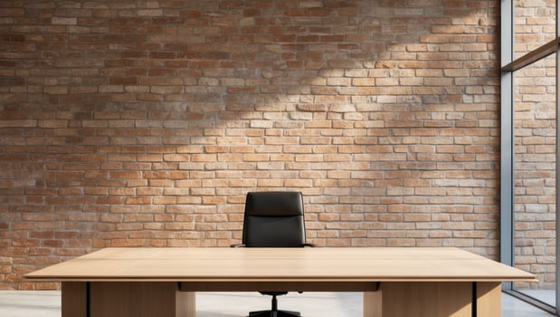 Modern Office Interior Design Large Window Wooden Desk Brick Wall photo