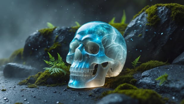Glowing Crystal Skull Rests Among Dark Rocks photo
