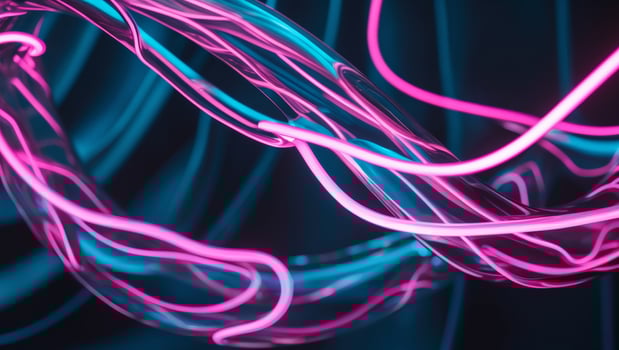 Glowing intertwined neon tubes on black background with pink and blue light photo