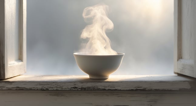 Steaming Bowl on Wooden Windowsill with Soft Natural Light Evoking Warmth and Tranquility photo