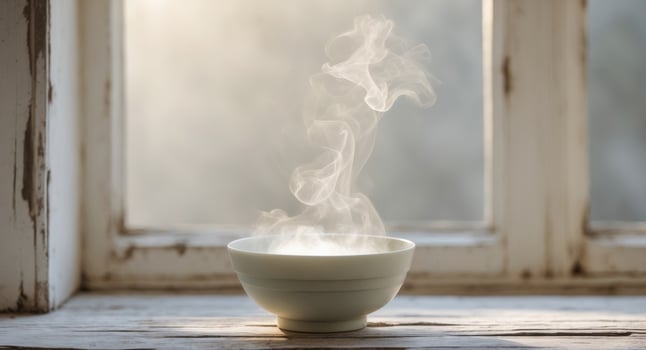 Steaming Bowl on Wooden Windowsill with Soft Natural Light Evoking Warmth and TranquilitySteaming Bowl on Wooden Windowsill with Soft Natural Light Evoking Warmth and Tranquility. photo