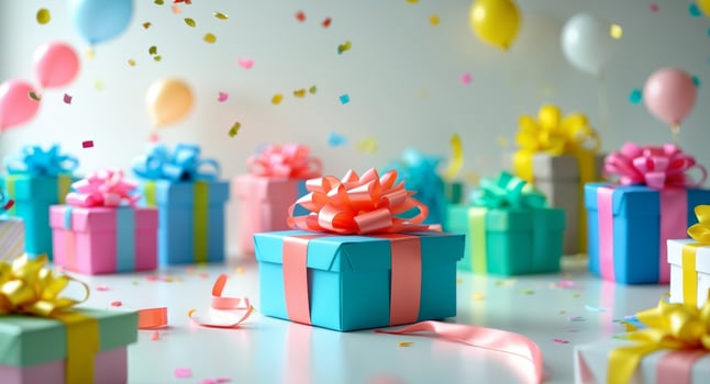 Colorful gift boxes adorned with bows arranged for a celebration at a decorative eventColorful gift boxes adorned with bows arranged for a celebration at a decorative event. photo
