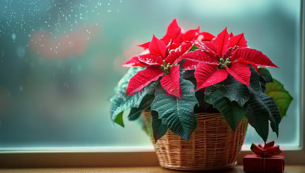 Poinsettia in a basket on the window sill photo