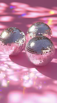 Three disco balls on a pink surface photo