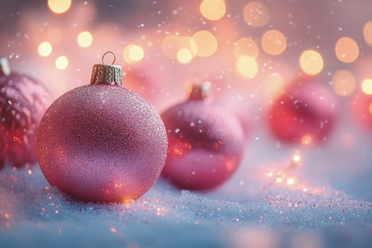 Pink christmas balls on snow background photo