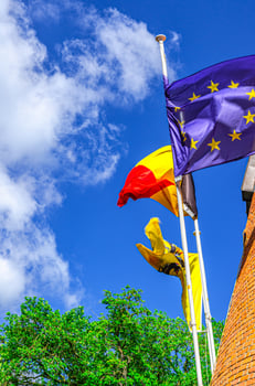 Flag of Flanders Vlaamse Leeuw Flemish Lion or leeuwenvlag Lion flag of Vlaanderen Flemish Community and Flemish Region, Belgium flag, Europe or European flag Council of Europe, European Union photo