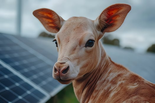 Young Calf with Solar Panels Sustainable Farming and Renewable Energy Concept photo