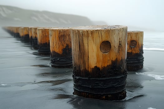 Serene Coastal Scene with Weathered Wooden Pilings in Misty Atmosphere photo