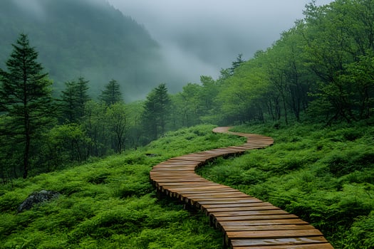 Serene Forest Boardwalk Trail in Misty Mountain Landscape for Nature Prints photo