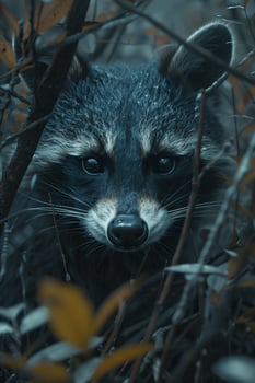 A raccoon is hiding in the brush photo