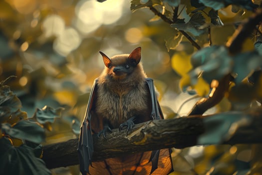 A bat sitting on a branch in the sunlight photo