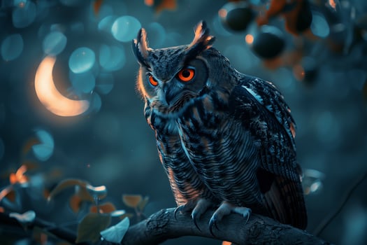 Owl on a branch with moon in background photo