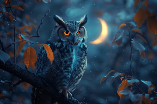 Owl in the night with moon and leaves photo