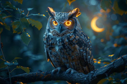 Owl with glowing eyes sitting on a branch photo