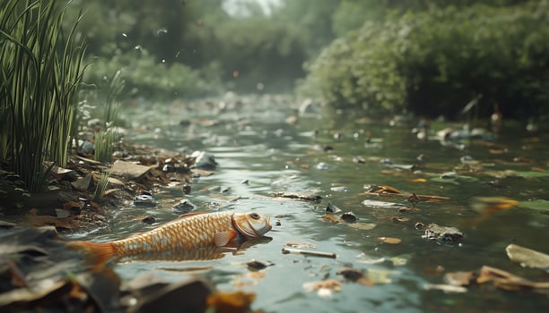 Dead fish animal in dirty rivers polluted by chemical waste and plastic bottles photo