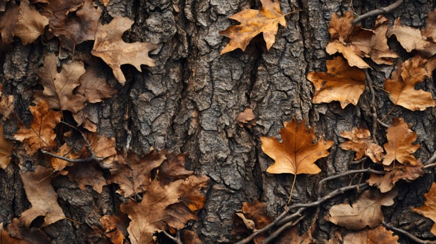 Dry autumn leaves resting on rough tree bark texture photo