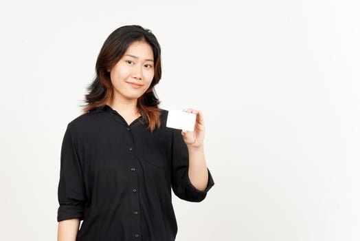 Holding Blank Bank Card Or Credit Card of Beautiful Asian Woman Isolated On White Background photo
