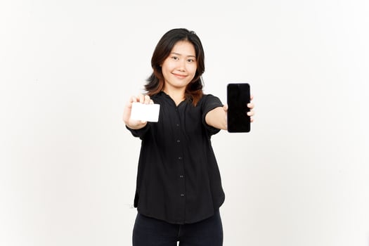 Holding Blank screen smartphone and credit bank card of Beautiful Asian Woman Isolated On White photo