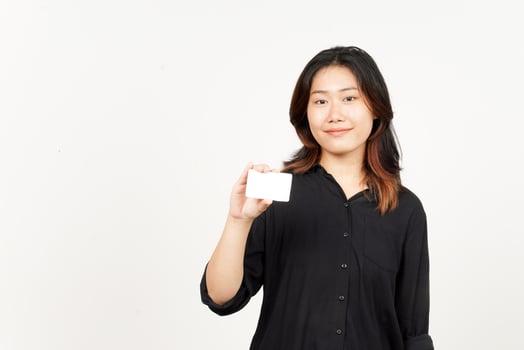 Holding Blank Bank Card Or Credit Card of Beautiful Asian Woman Isolated On White Background photo