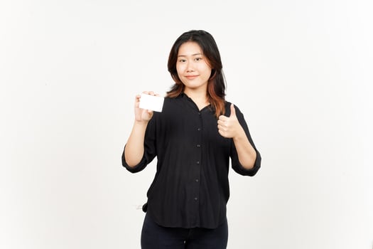 Holding Blank Bank Card Or Credit Card of Beautiful Asian Woman Isolated On White Background photo