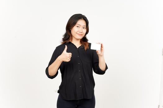Holding Blank Bank Card Or Credit Card of Beautiful Asian Woman Isolated On White Background photo