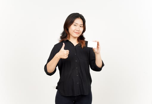Holding Blank Bank Card Or Credit Card of Beautiful Asian Woman Isolated On White Background photo
