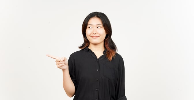 Showing Product and Pointing Side of Beautiful Asian Woman Isolated On White Background photo