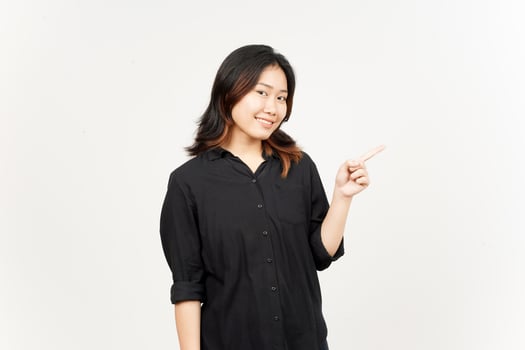 Showing Product and Pointing Side of Beautiful Asian Woman Isolated On White Background photo