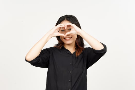 Showing love sign of Beautiful Asian Woman Isolated On White Background photo